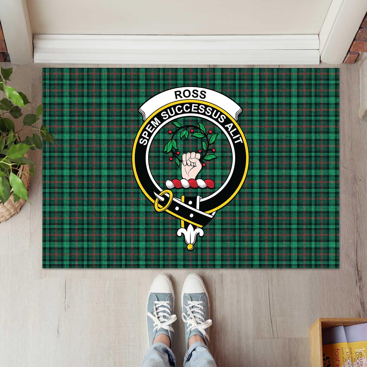 Ross Hunting Modern Tartan Door Mat with Family Crest - Tartanvibesclothing Shop