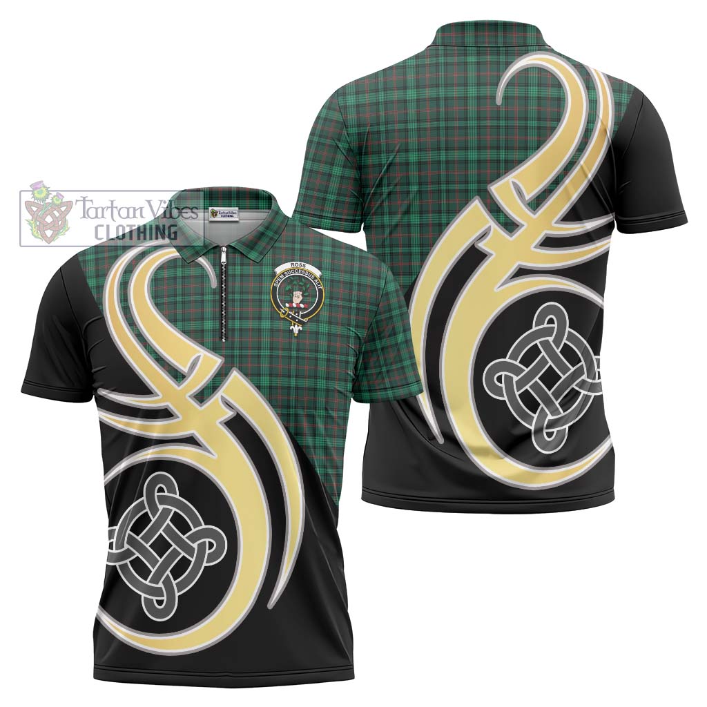 Tartan Vibes Clothing Ross Hunting Modern Tartan Zipper Polo Shirt with Family Crest and Celtic Symbol Style