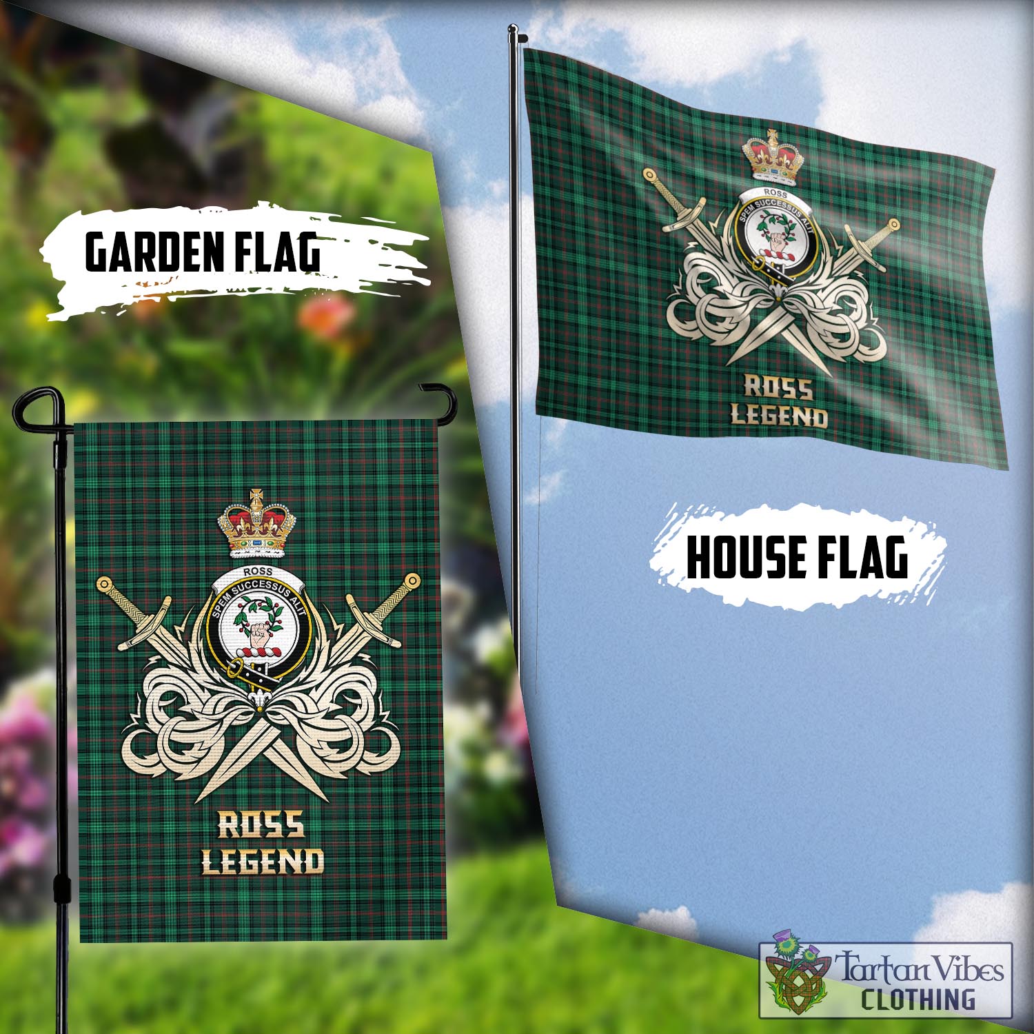 Tartan Vibes Clothing Ross Hunting Modern Tartan Flag with Clan Crest and the Golden Sword of Courageous Legacy