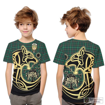 Ross Hunting Modern Tartan Kid T-Shirt with Family Crest Celtic Wolf Style