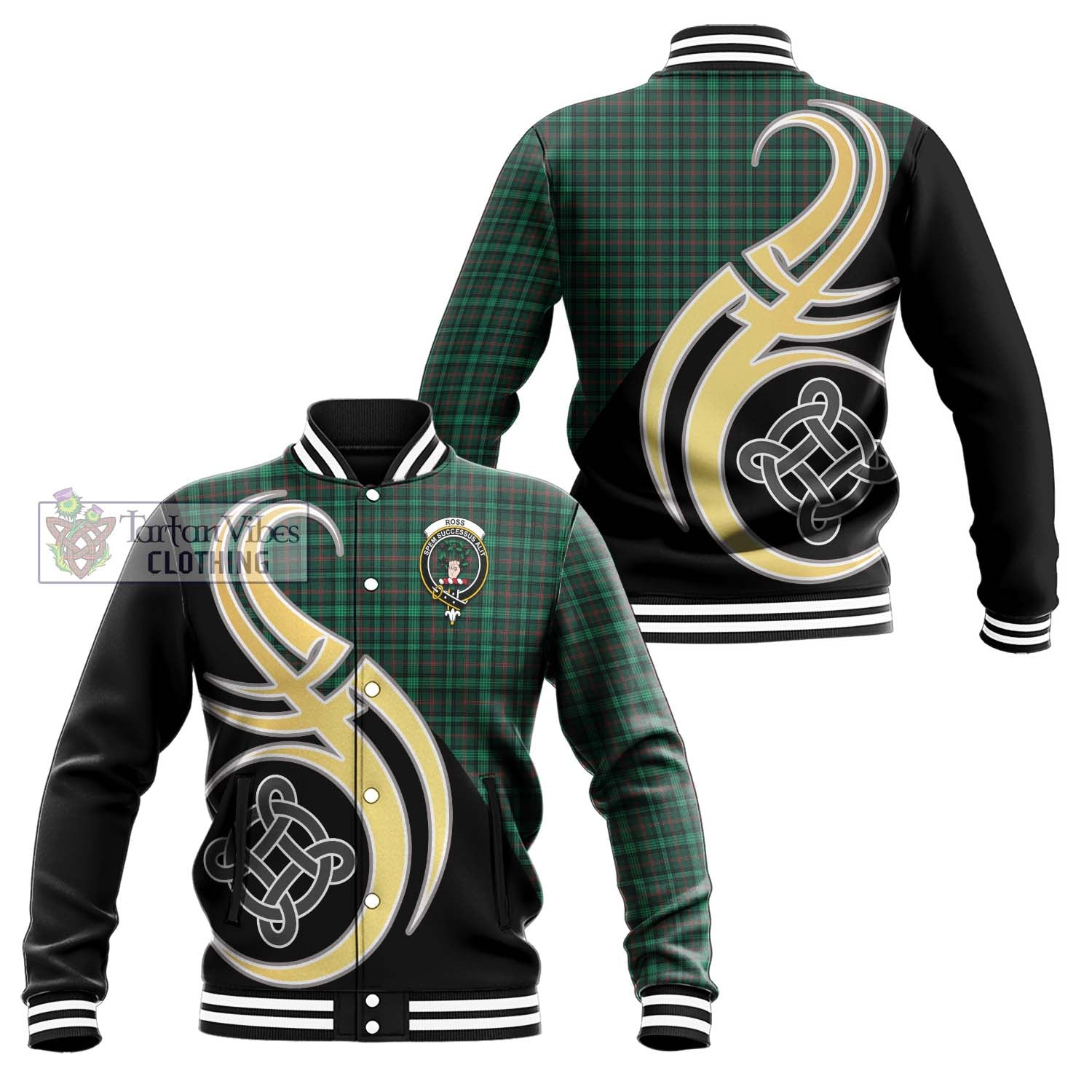 Tartan Vibes Clothing Ross Hunting Modern Tartan Baseball Jacket with Family Crest and Celtic Symbol Style