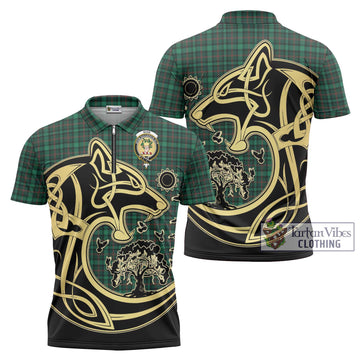 Ross Hunting Modern Tartan Zipper Polo Shirt with Family Crest Celtic Wolf Style