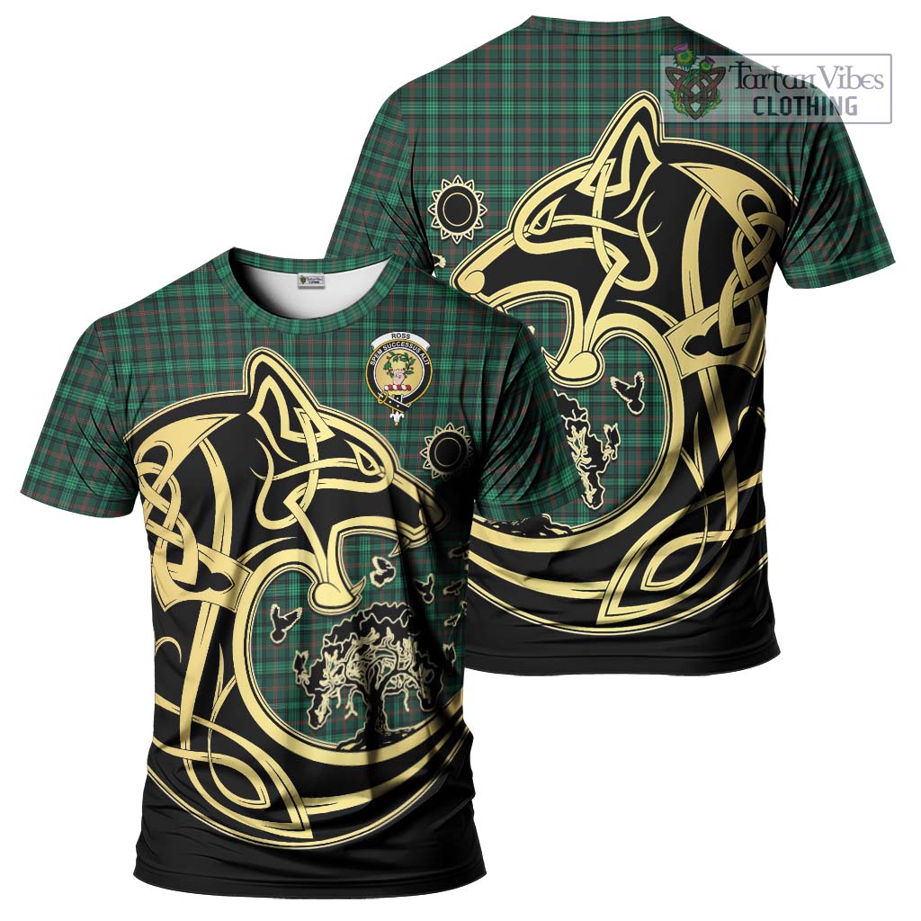 Tartan Vibes Clothing Ross Hunting Modern Tartan T-Shirt with Family Crest Celtic Wolf Style