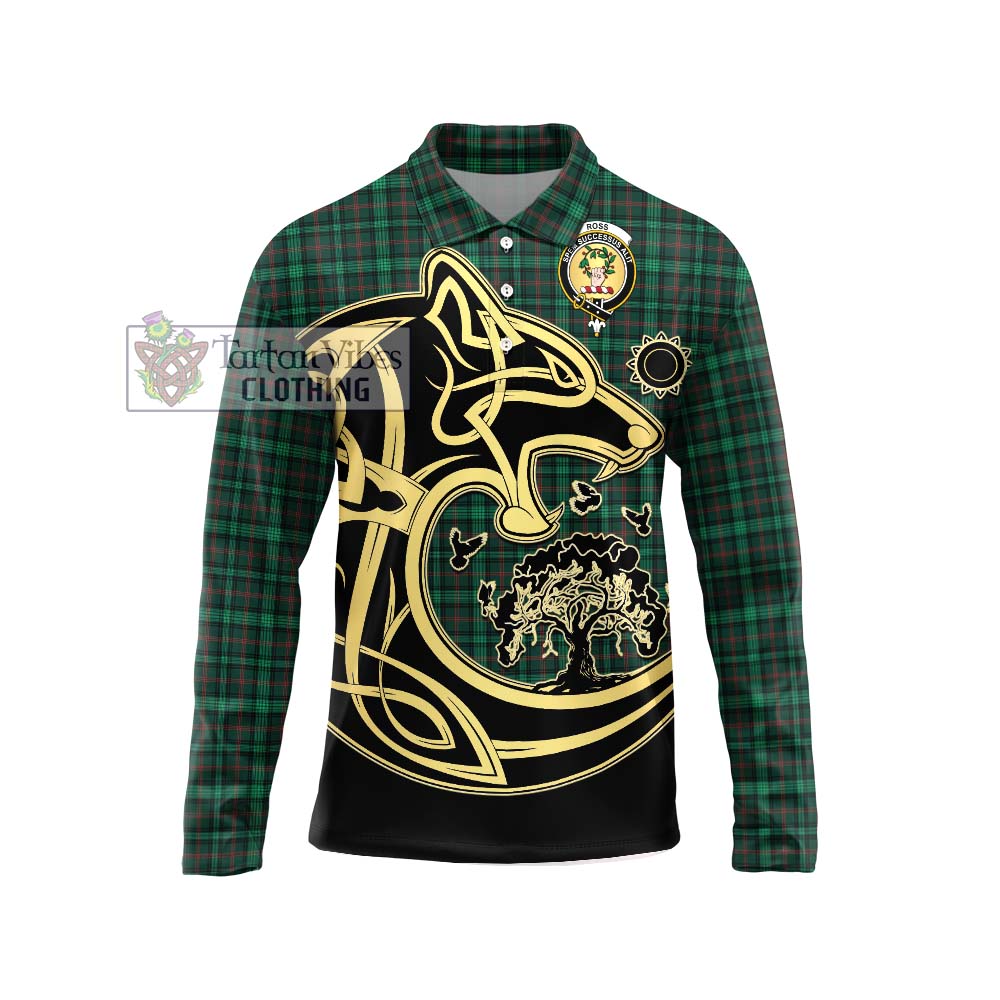 Tartan Vibes Clothing Ross Hunting Modern Tartan Long Sleeve Polo Shirt with Family Crest Celtic Wolf Style