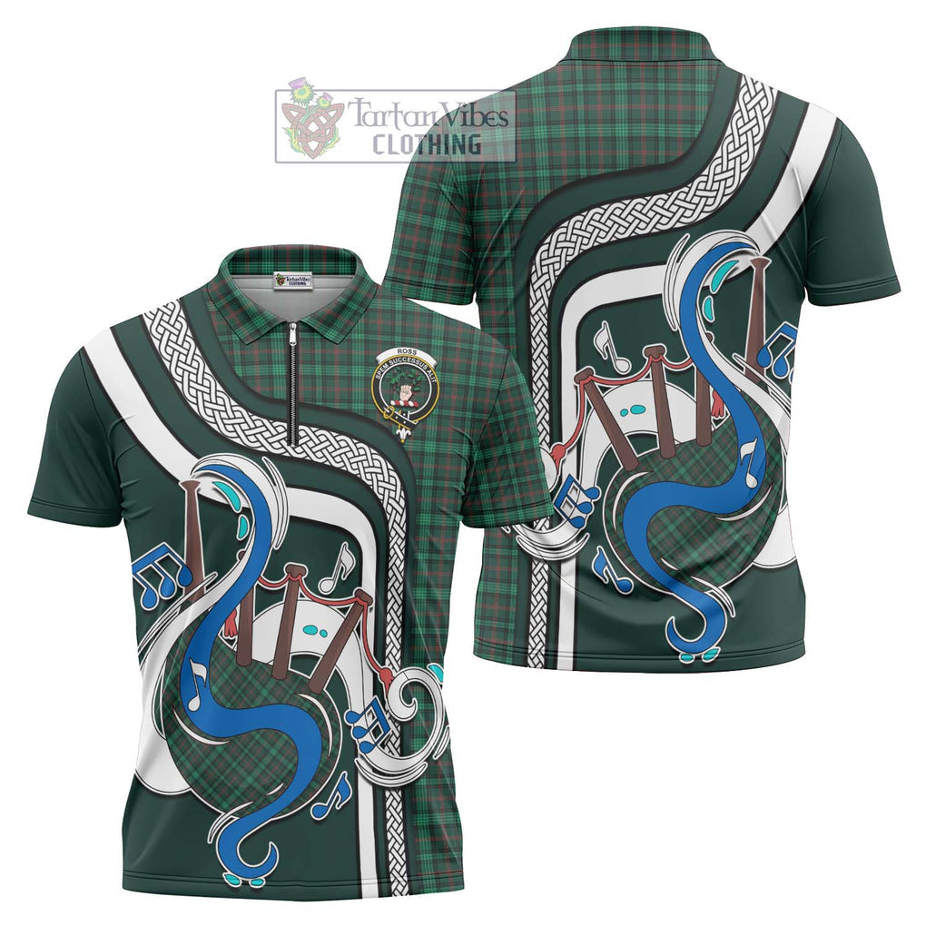 Ross Hunting Modern Tartan Zipper Polo Shirt with Epic Bagpipe Style Unisex - Tartanvibesclothing Shop