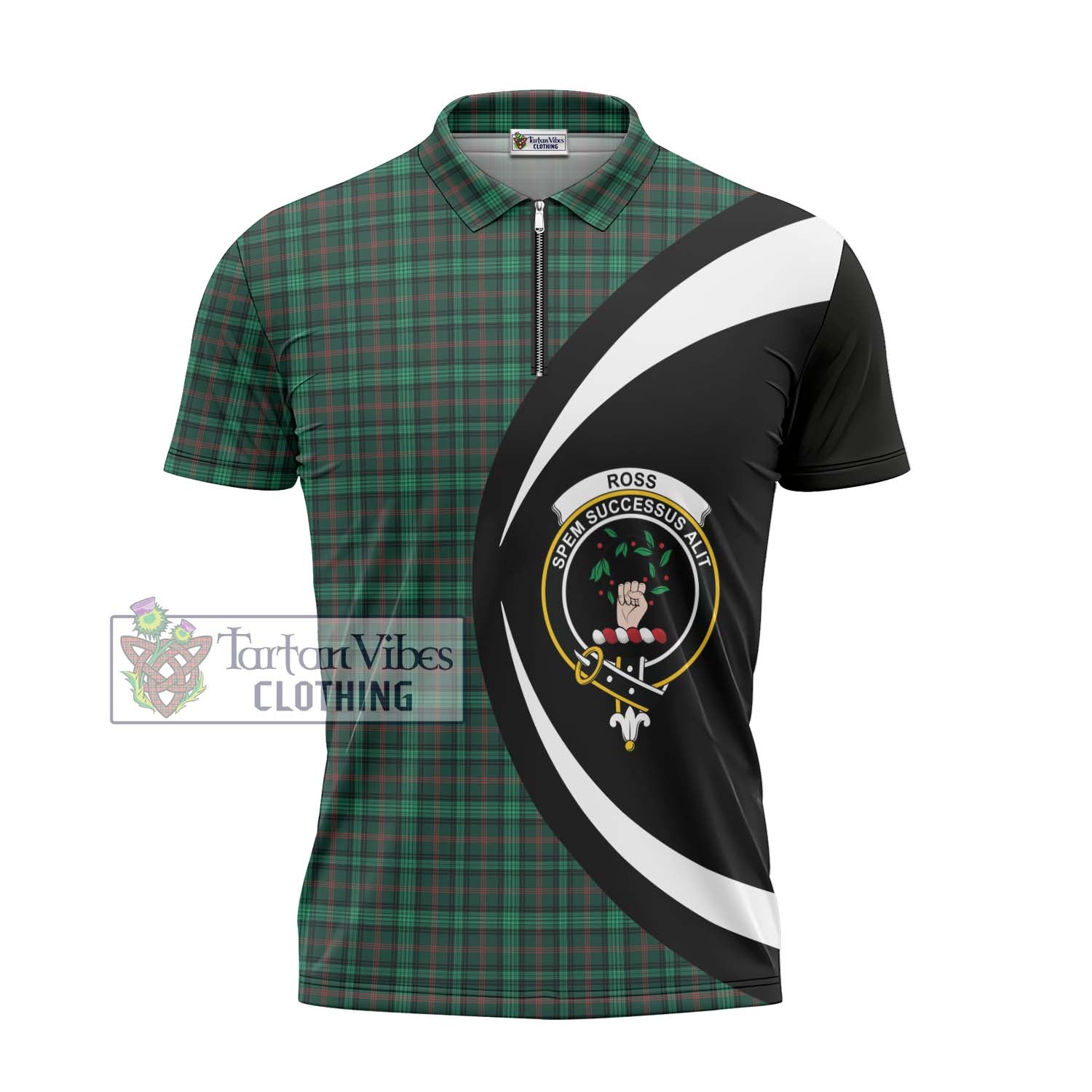 Ross Hunting Modern Tartan Zipper Polo Shirt with Family Crest Circle Style - Tartan Vibes Clothing