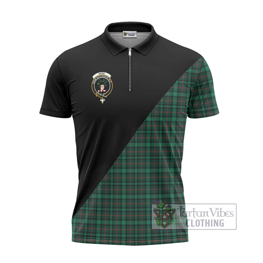 Ross Hunting Modern Tartan Zipper Polo Shirt with Family Crest and Military Logo Style - Tartanvibesclothing Shop