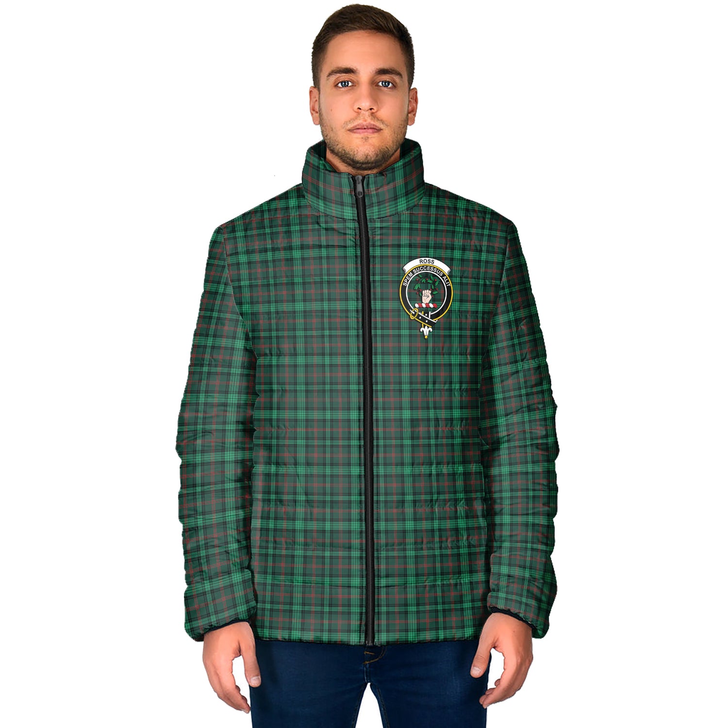 Ross Hunting Modern Tartan Padded Jacket with Family Crest - Tartan Vibes Clothing