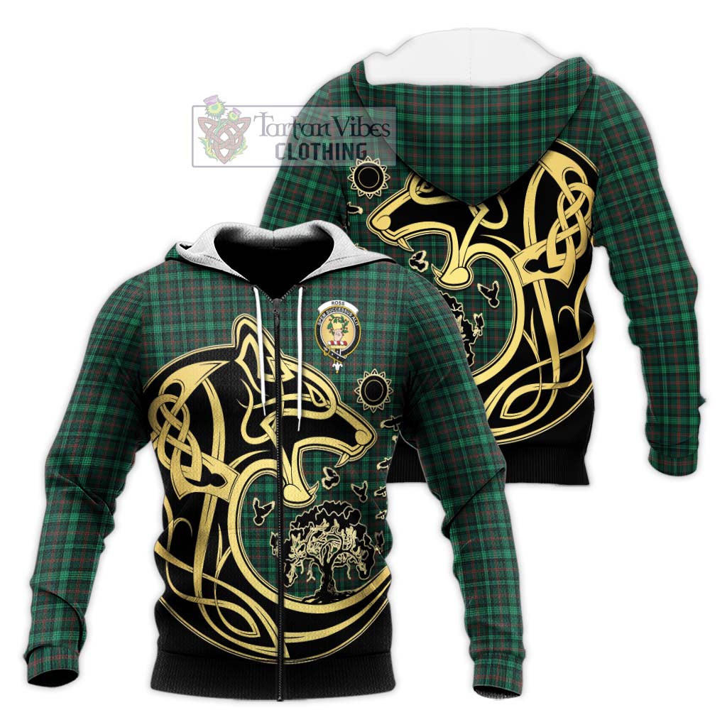 Tartan Vibes Clothing Ross Hunting Modern Tartan Knitted Hoodie with Family Crest Celtic Wolf Style