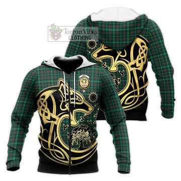 Ross Hunting Modern Tartan Knitted Hoodie with Family Crest Celtic Wolf Style
