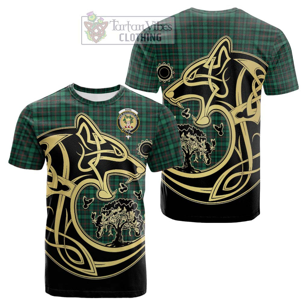 Tartan Vibes Clothing Ross Hunting Modern Tartan Cotton T-shirt with Family Crest Celtic Wolf Style