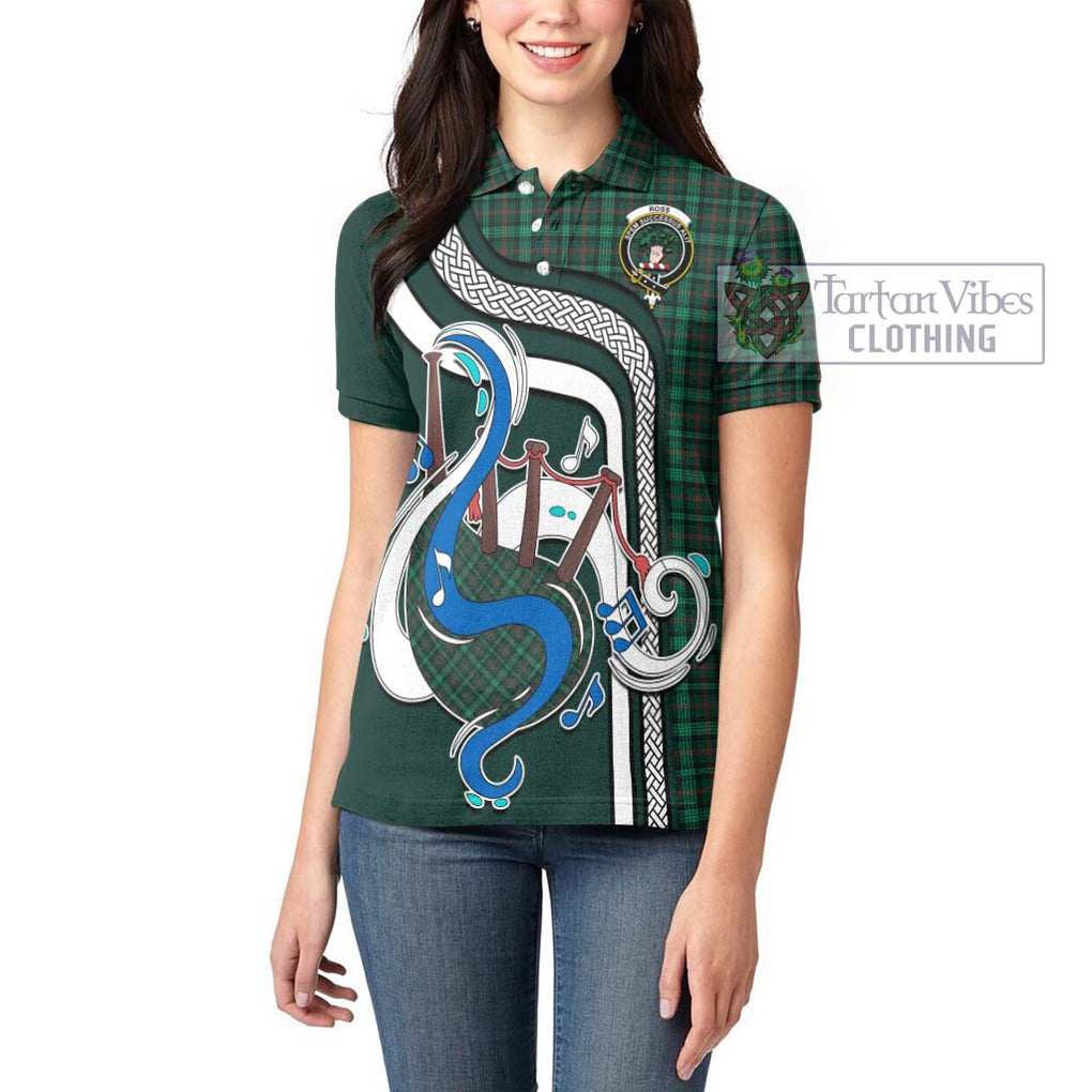 Ross Hunting Modern Tartan Women's Polo Shirt with Epic Bagpipe Style - Tartanvibesclothing Shop