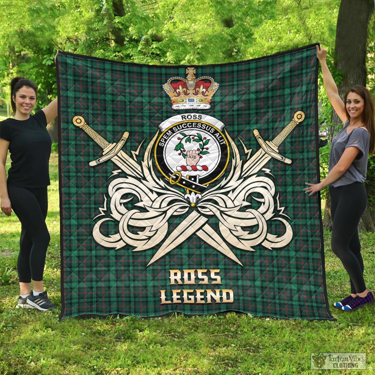 Tartan Vibes Clothing Ross Hunting Modern Tartan Quilt with Clan Crest and the Golden Sword of Courageous Legacy