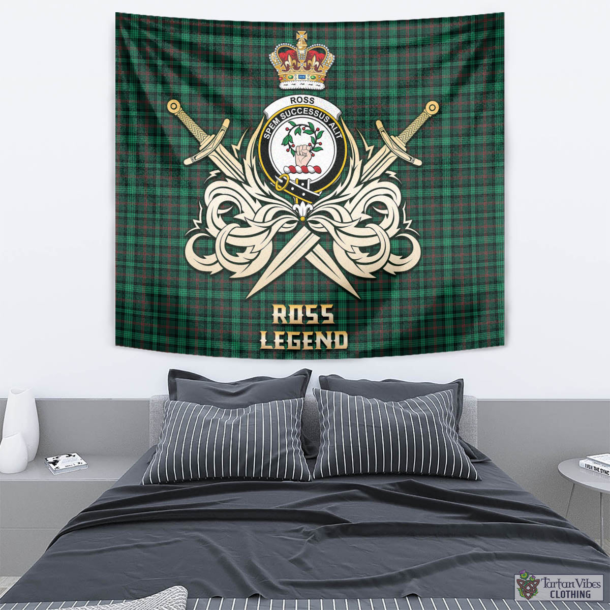 Tartan Vibes Clothing Ross Hunting Modern Tartan Tapestry with Clan Crest and the Golden Sword of Courageous Legacy