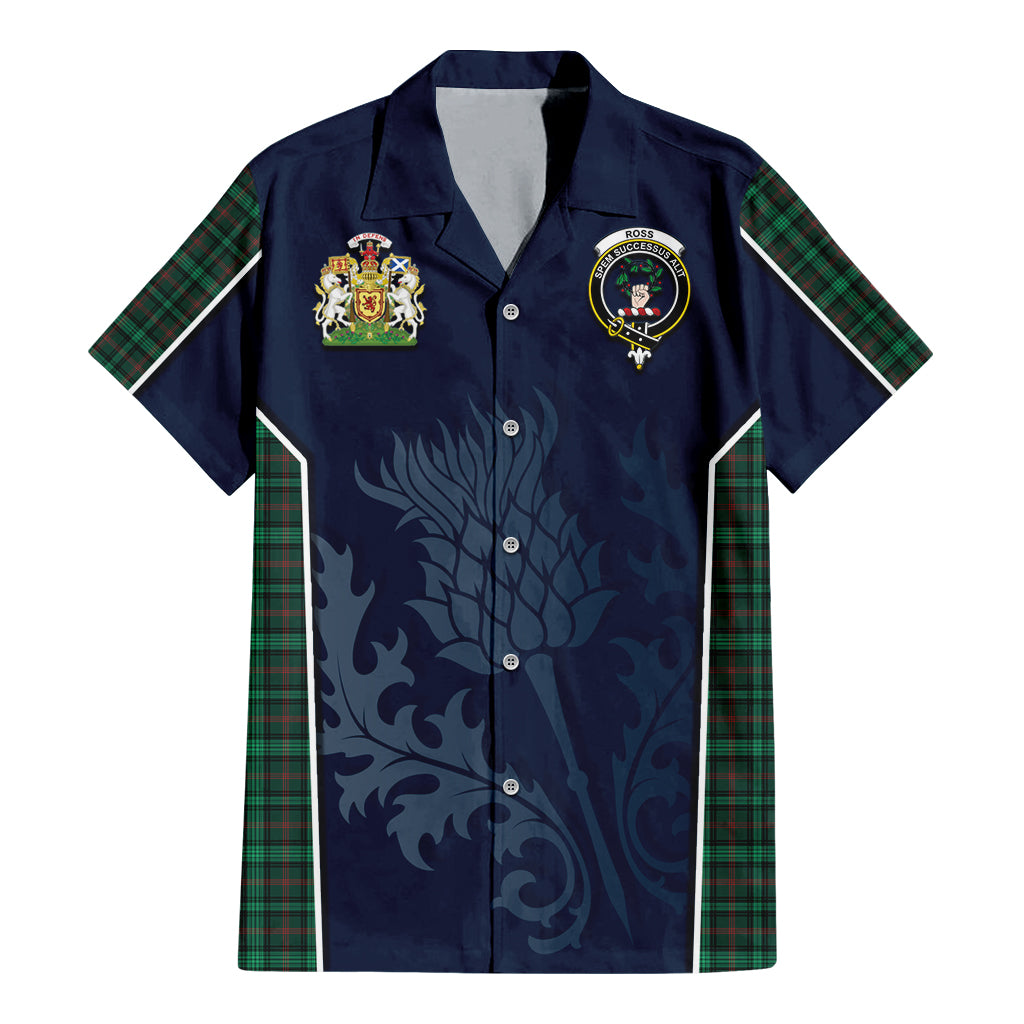 Tartan Vibes Clothing Ross Hunting Modern Tartan Short Sleeve Button Up Shirt with Family Crest and Scottish Thistle Vibes Sport Style