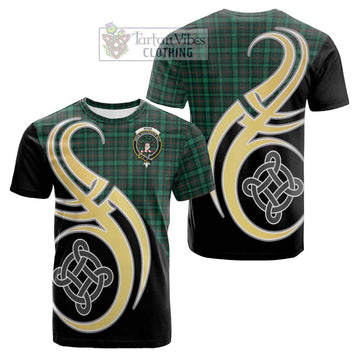 Ross Hunting Modern Tartan Cotton T-shirt with Family Crest and Celtic Symbol Style