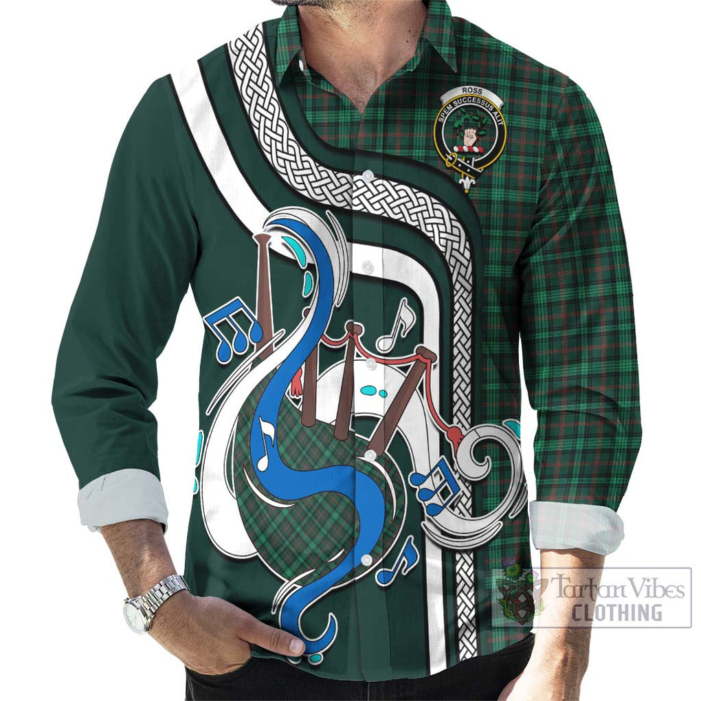 Ross Hunting Modern Tartan Long Sleeve Button Shirt with Epic Bagpipe Style - Tartanvibesclothing Shop