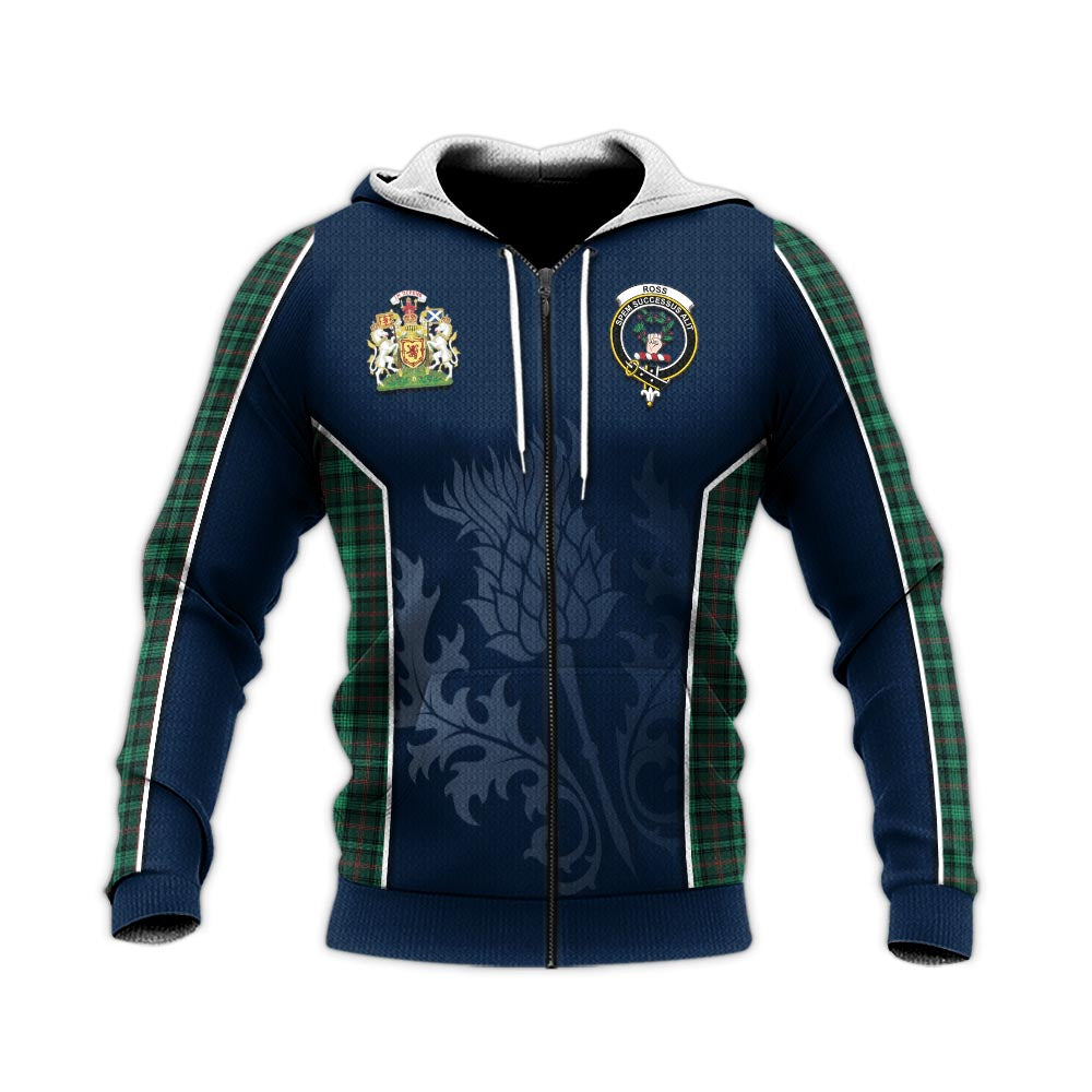 Tartan Vibes Clothing Ross Hunting Modern Tartan Knitted Hoodie with Family Crest and Scottish Thistle Vibes Sport Style