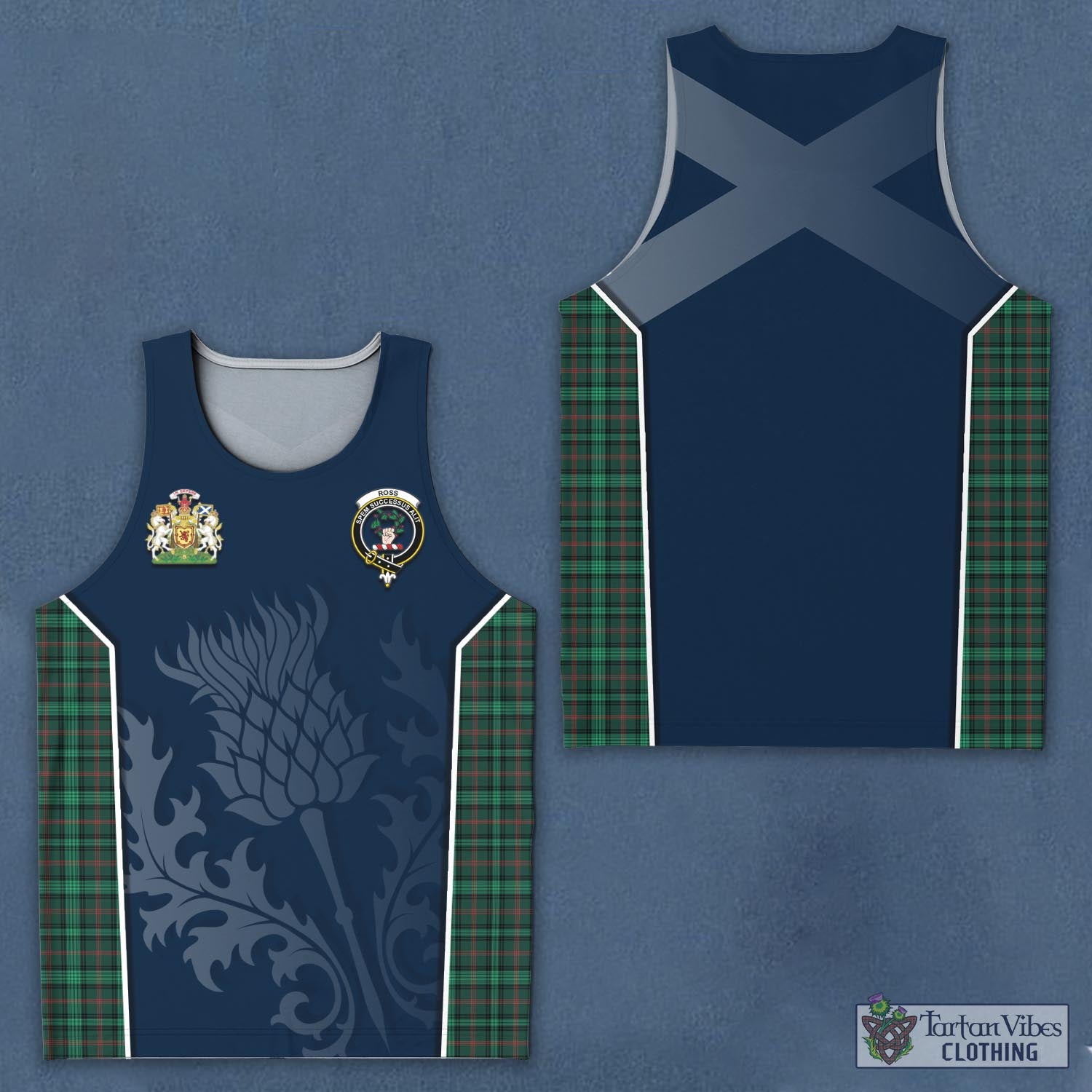 Tartan Vibes Clothing Ross Hunting Modern Tartan Men's Tanks Top with Family Crest and Scottish Thistle Vibes Sport Style