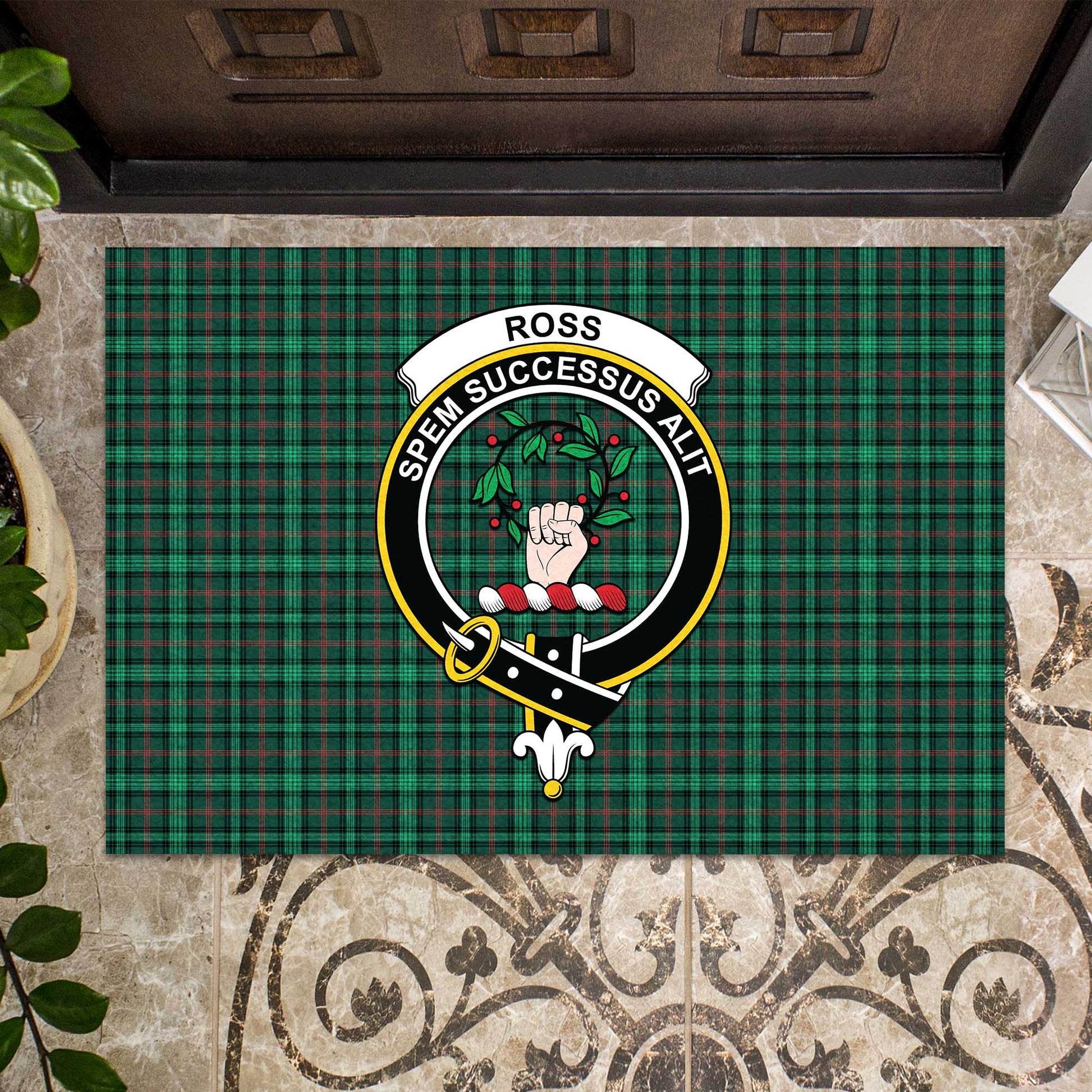 Ross Hunting Modern Tartan Door Mat with Family Crest - Tartanvibesclothing Shop