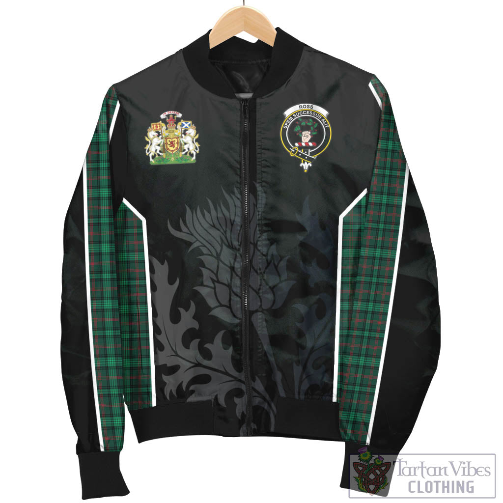 Tartan Vibes Clothing Ross Hunting Modern Tartan Bomber Jacket with Family Crest and Scottish Thistle Vibes Sport Style