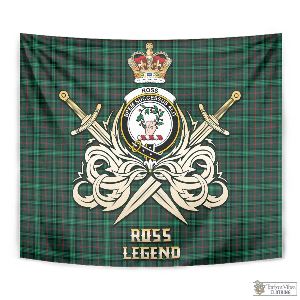 Tartan Vibes Clothing Ross Hunting Modern Tartan Tapestry with Clan Crest and the Golden Sword of Courageous Legacy