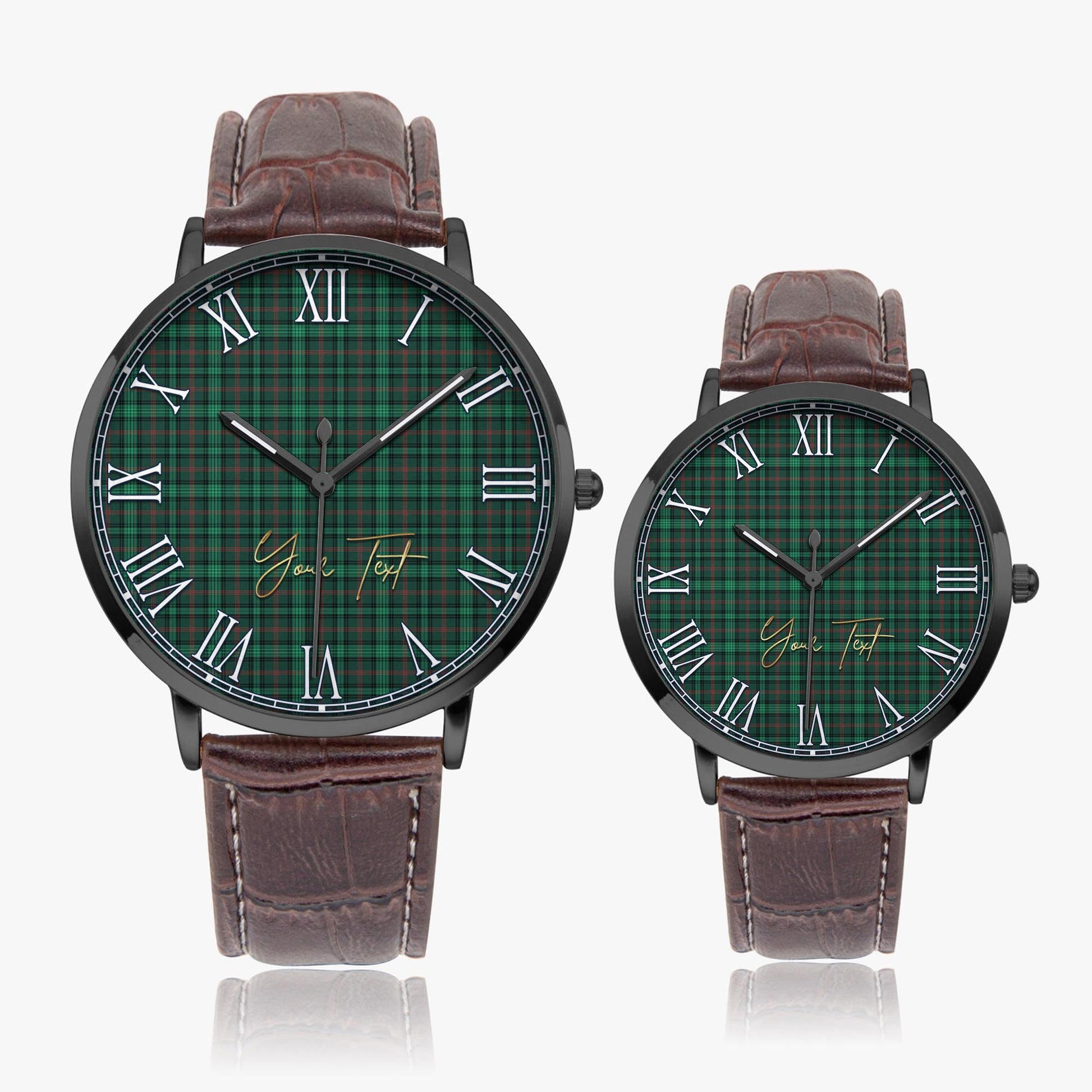 Ross Hunting Modern Tartan Personalized Your Text Leather Trap Quartz Watch Ultra Thin Black Case With Brown Leather Strap - Tartanvibesclothing