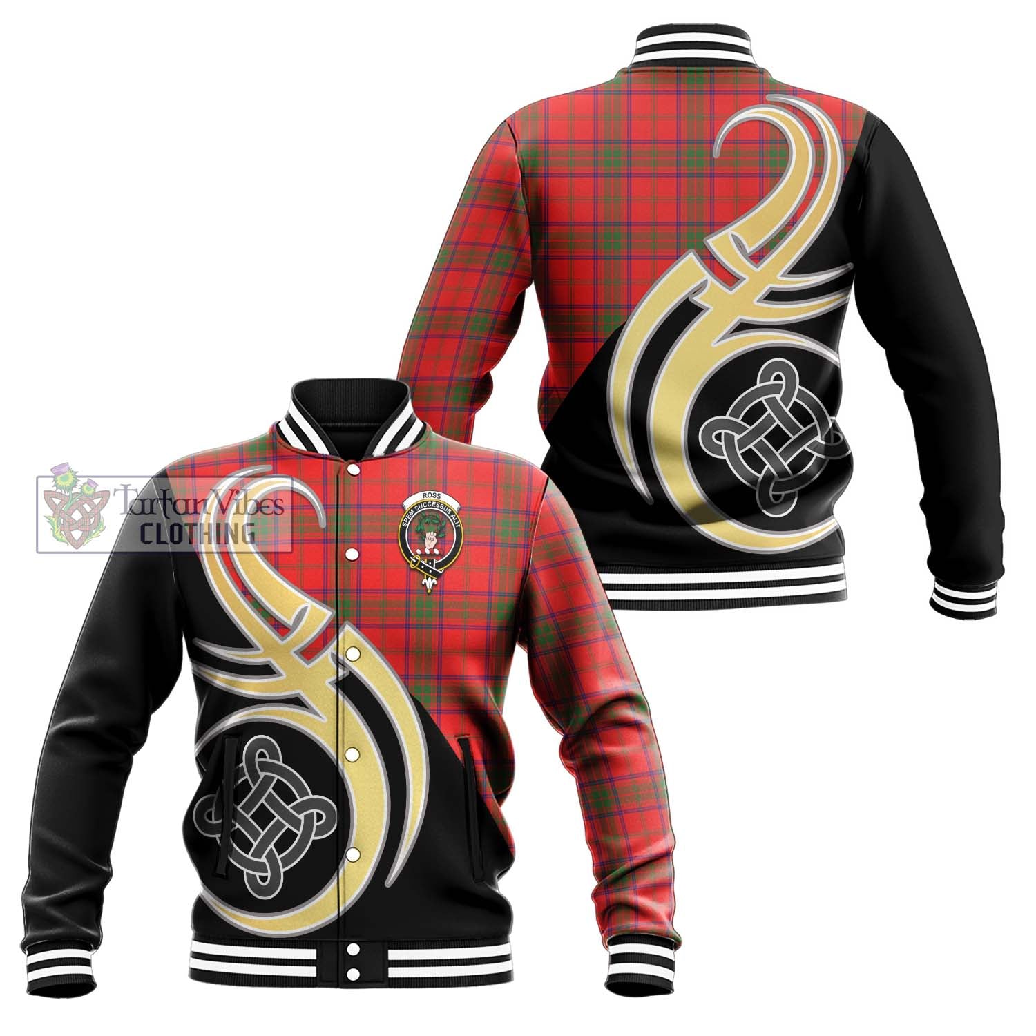 Tartan Vibes Clothing Ross Modern Tartan Baseball Jacket with Family Crest and Celtic Symbol Style