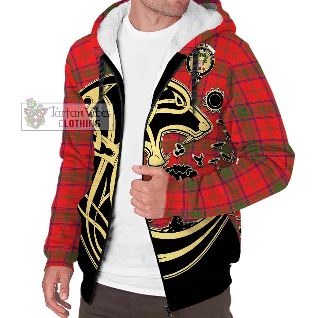 Tartan Vibes Clothing Ross Modern Tartan Sherpa Hoodie with Family Crest Celtic Wolf Style