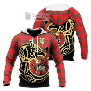 Ross Modern Tartan Knitted Hoodie with Family Crest Celtic Wolf Style