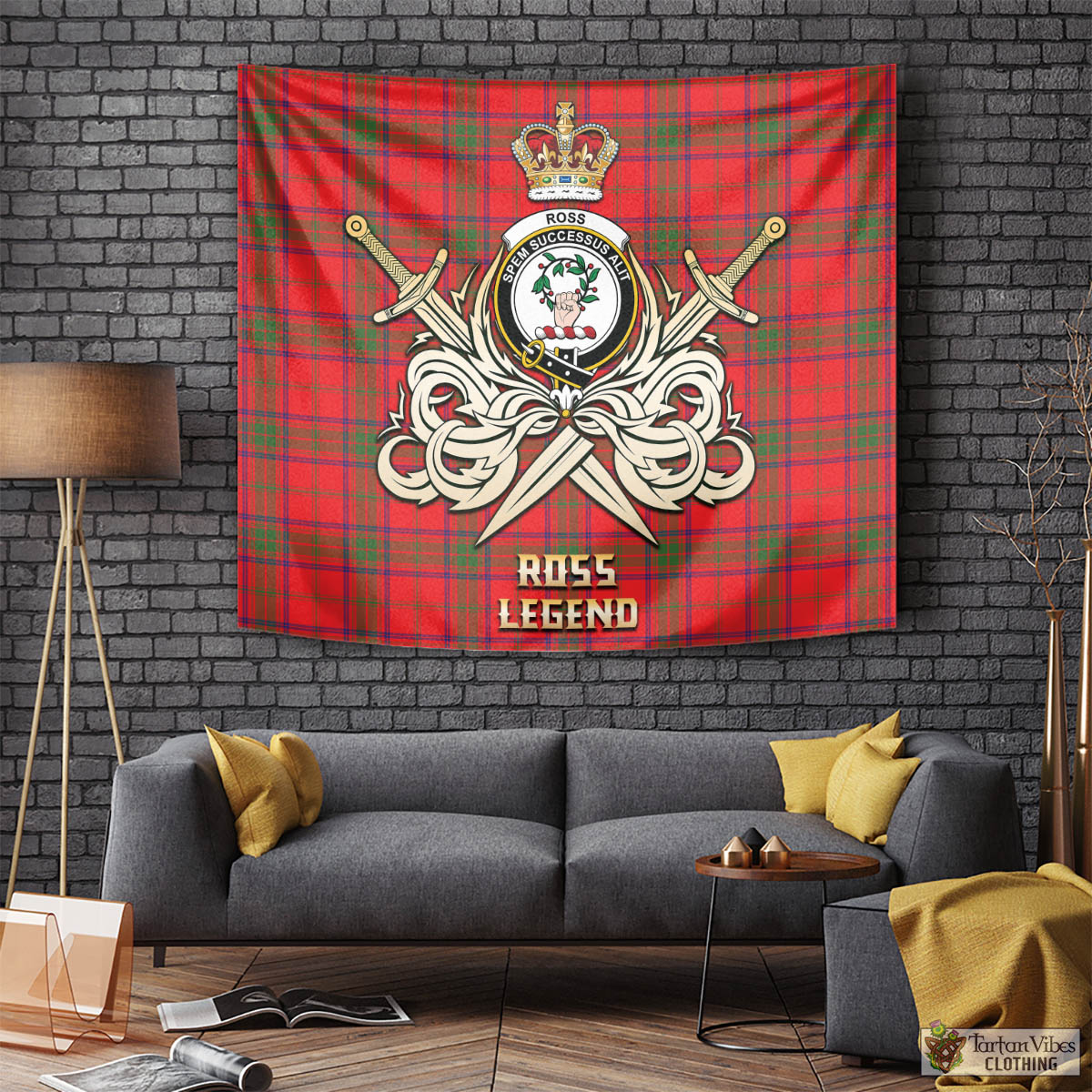 Tartan Vibes Clothing Ross Modern Tartan Tapestry with Clan Crest and the Golden Sword of Courageous Legacy