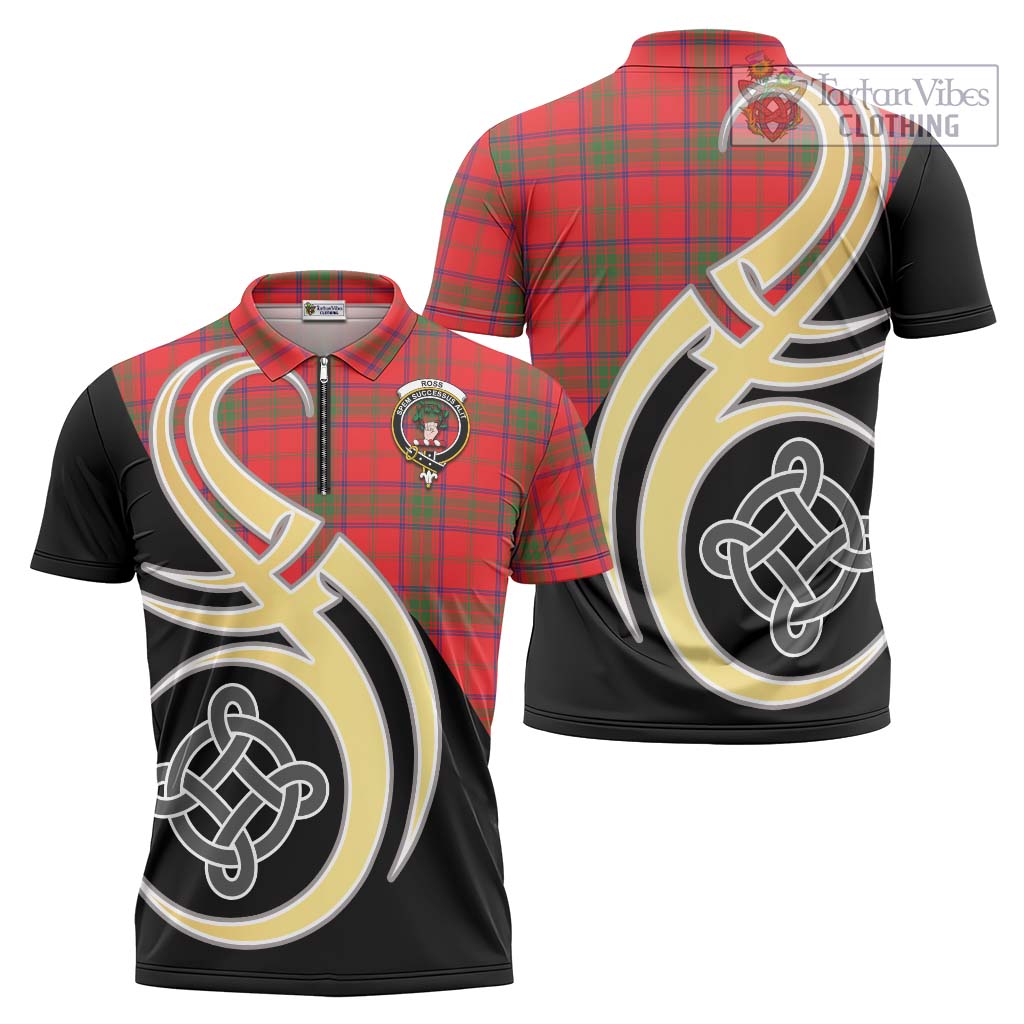 Tartan Vibes Clothing Ross Modern Tartan Zipper Polo Shirt with Family Crest and Celtic Symbol Style