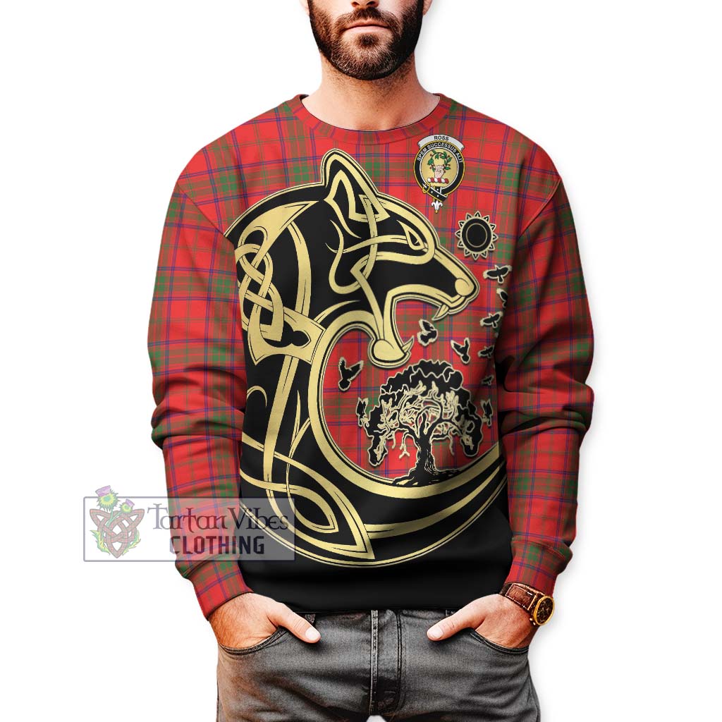 Tartan Vibes Clothing Ross Modern Tartan Sweatshirt with Family Crest Celtic Wolf Style