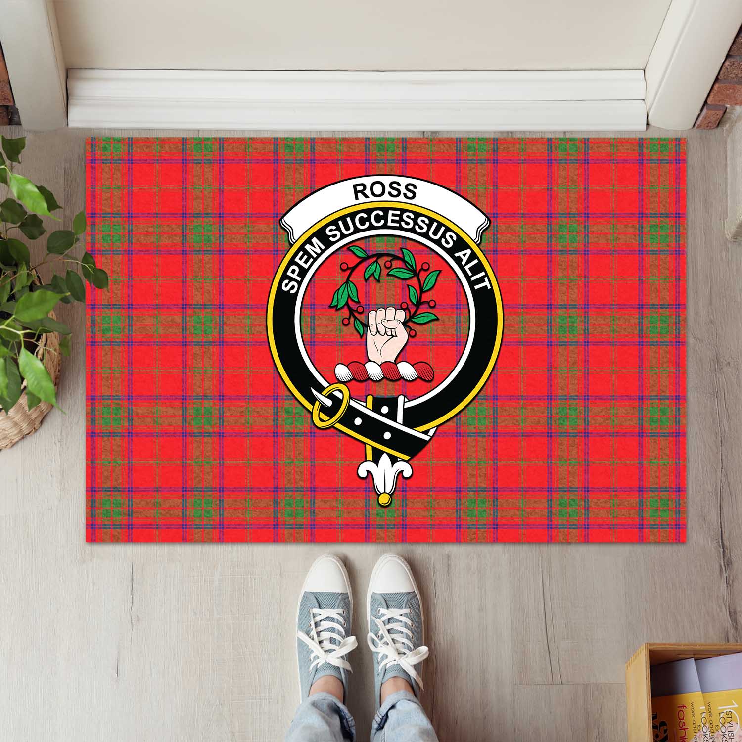 Ross Modern Tartan Door Mat with Family Crest - Tartanvibesclothing Shop