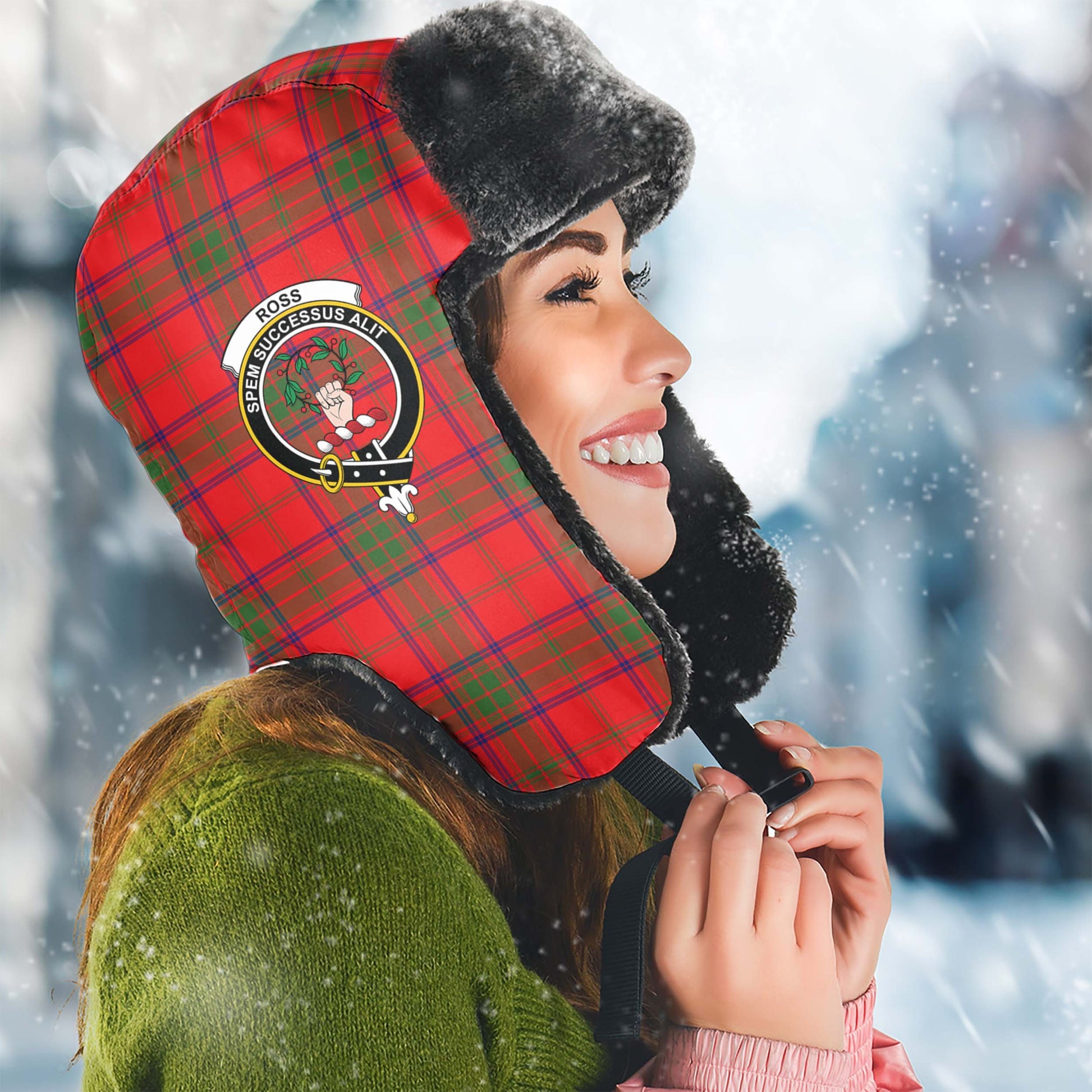 Ross Modern Tartan Winter Trapper Hat with Family Crest Winter Trapper Hat Universal Fit Circumference 22.8in (58cm) - Tartanvibesclothing