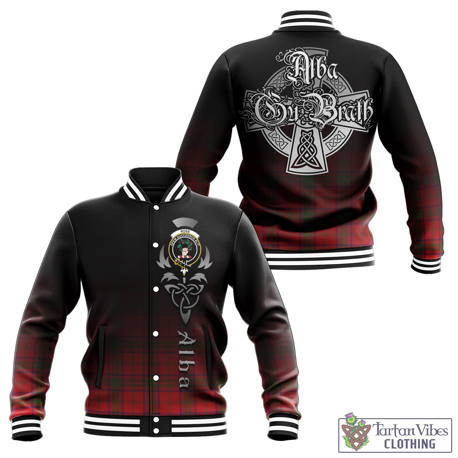 Tartan Vibes Clothing Ross Modern Tartan Baseball Jacket Featuring Alba Gu Brath Family Crest Celtic Inspired