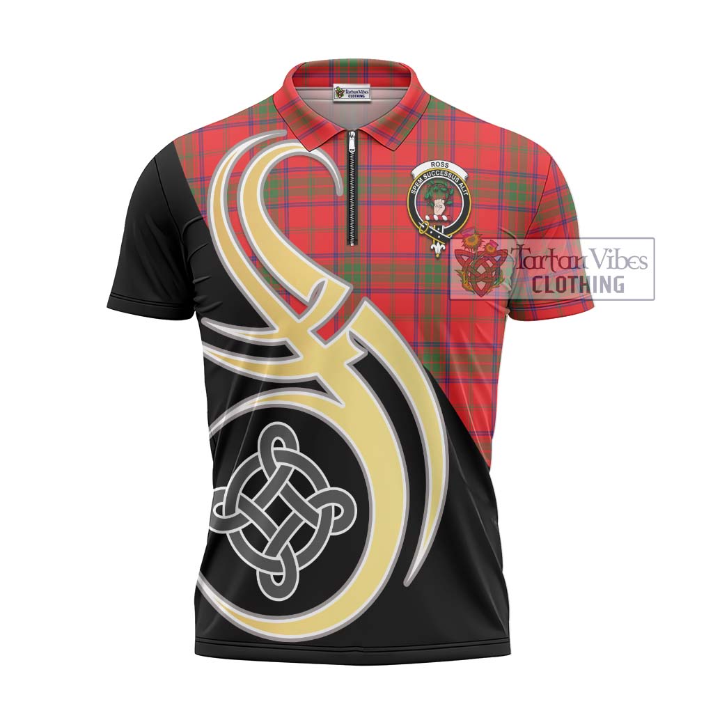 Tartan Vibes Clothing Ross Modern Tartan Zipper Polo Shirt with Family Crest and Celtic Symbol Style