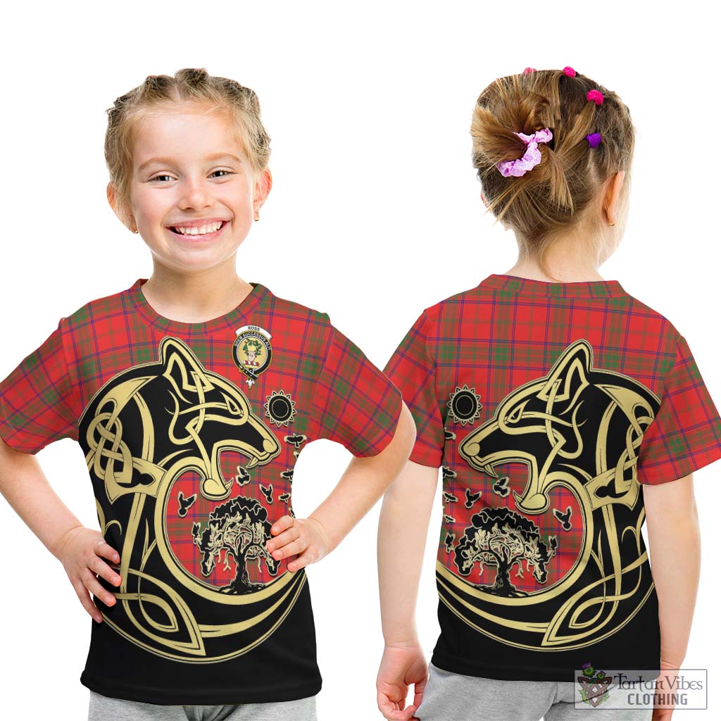 Tartan Vibes Clothing Ross Modern Tartan Kid T-Shirt with Family Crest Celtic Wolf Style