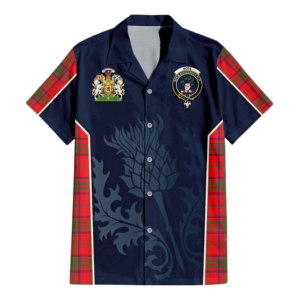 Tartan Vibes Clothing Ross Modern Tartan Short Sleeve Button Up Shirt with Family Crest and Scottish Thistle Vibes Sport Style