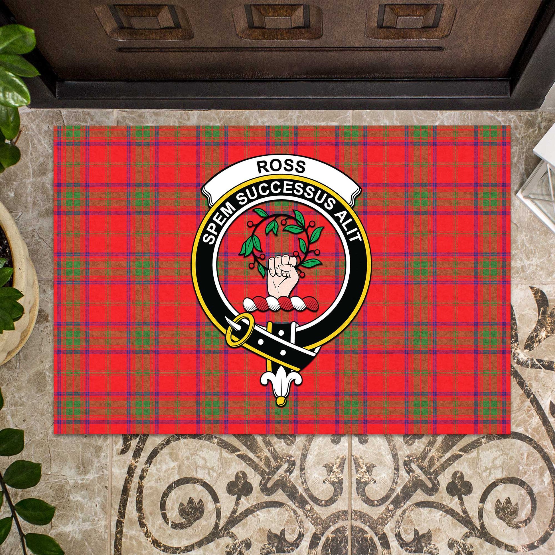 Ross Modern Tartan Door Mat with Family Crest - Tartanvibesclothing Shop