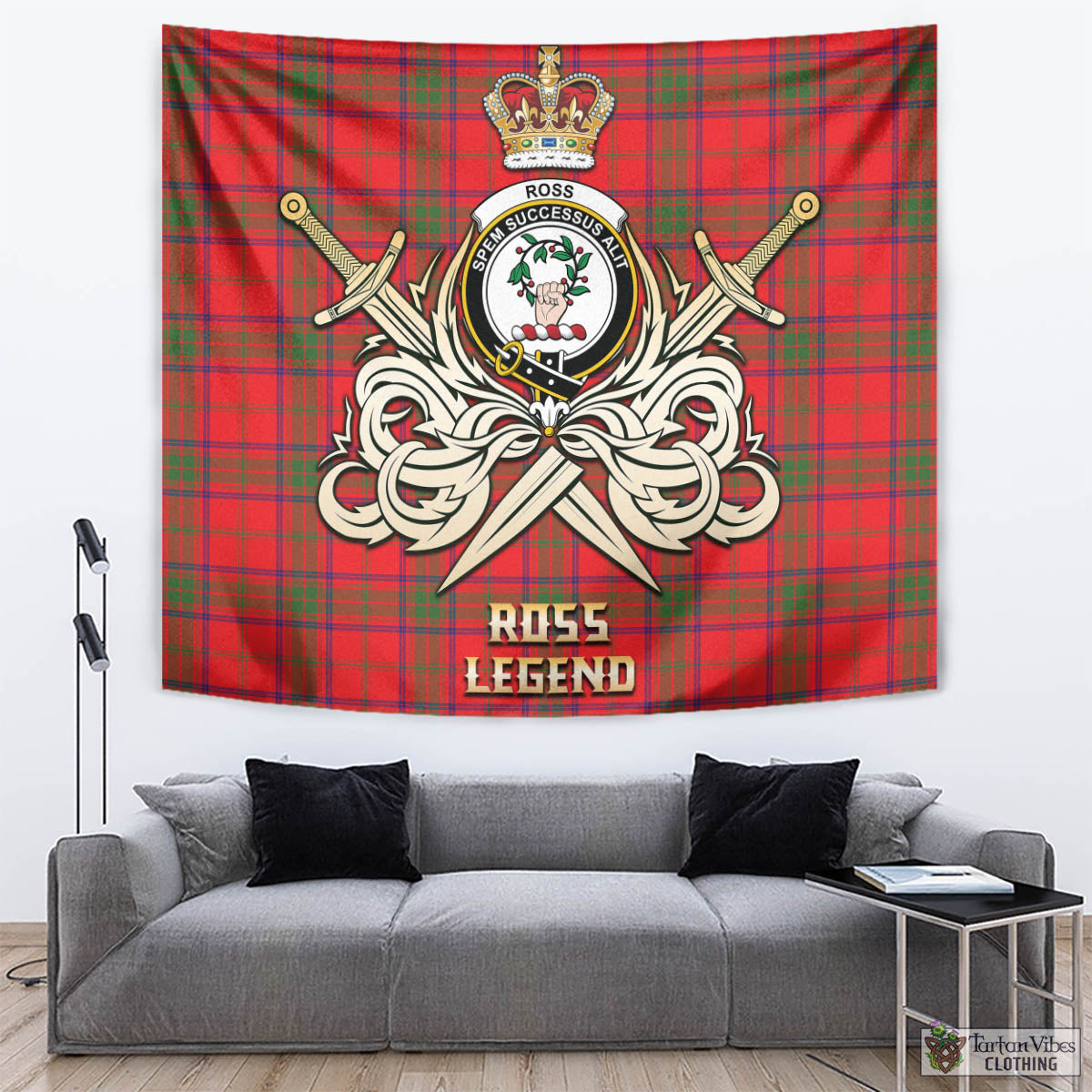 Tartan Vibes Clothing Ross Modern Tartan Tapestry with Clan Crest and the Golden Sword of Courageous Legacy