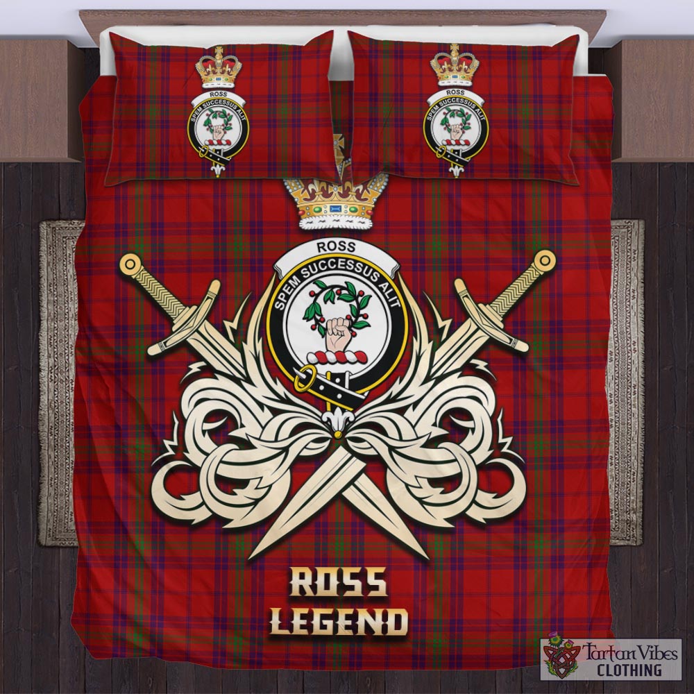 Tartan Vibes Clothing Ross Old Tartan Bedding Set with Clan Crest and the Golden Sword of Courageous Legacy