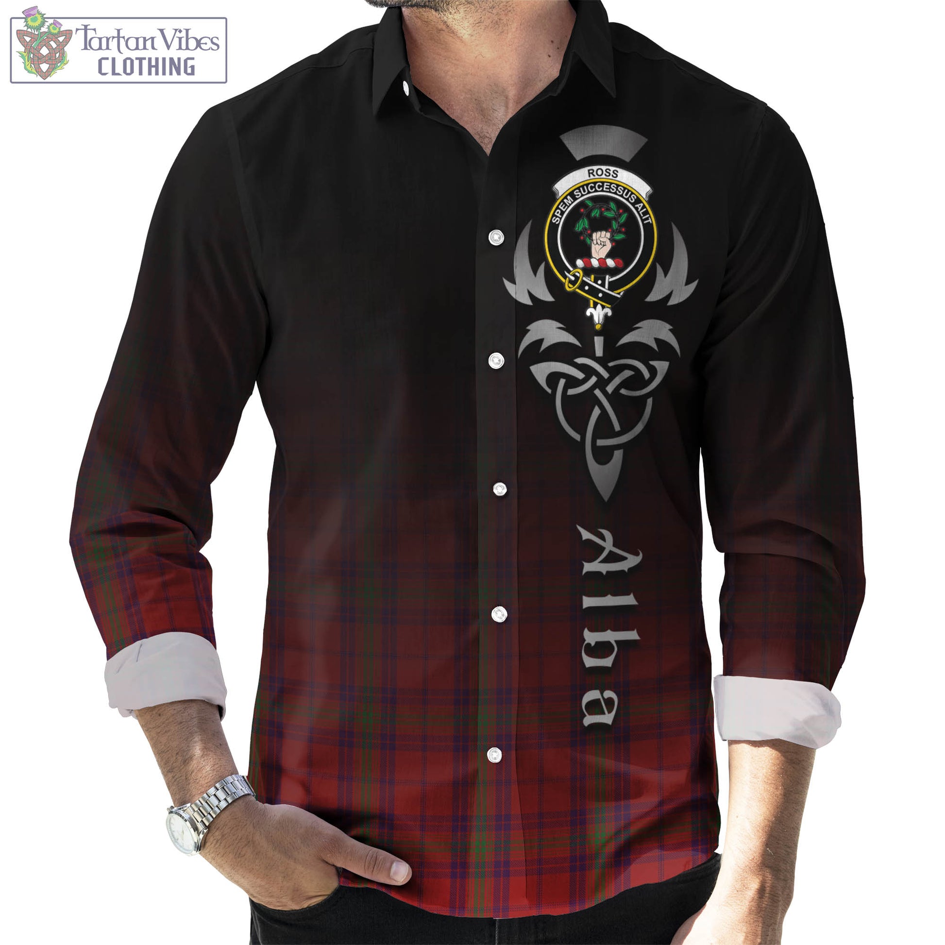 Tartan Vibes Clothing Ross Old Tartan Long Sleeve Button Up Featuring Alba Gu Brath Family Crest Celtic Inspired