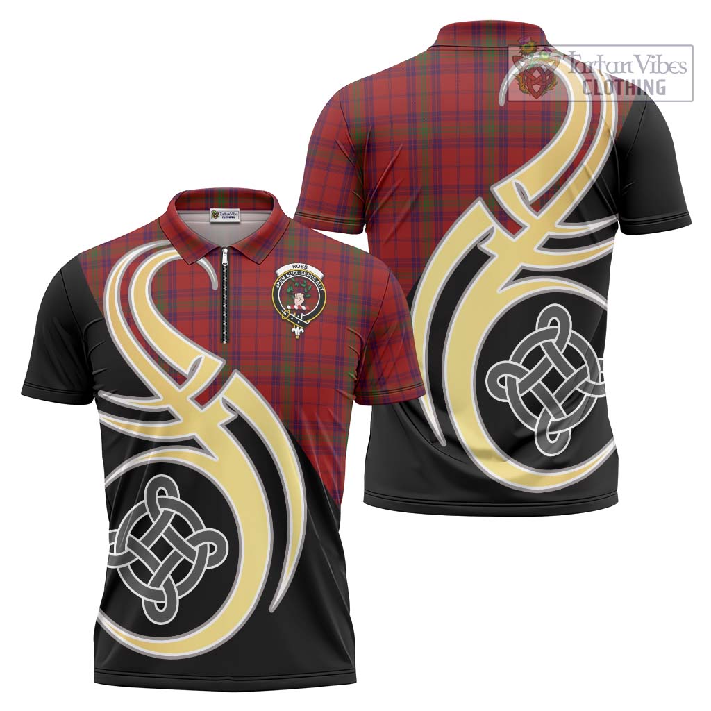 Tartan Vibes Clothing Ross Old Tartan Zipper Polo Shirt with Family Crest and Celtic Symbol Style