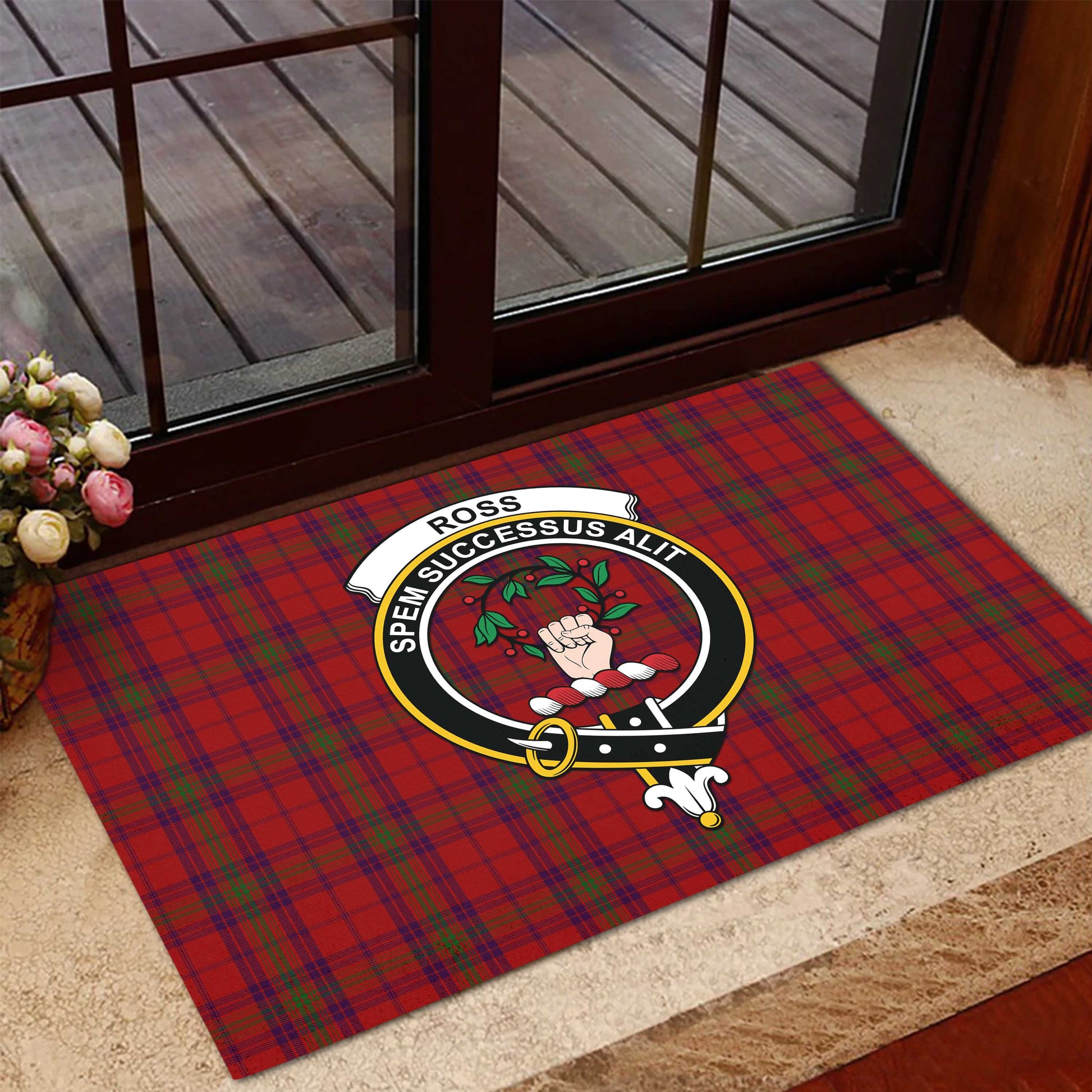 Ross Old Tartan Door Mat with Family Crest - Tartanvibesclothing Shop