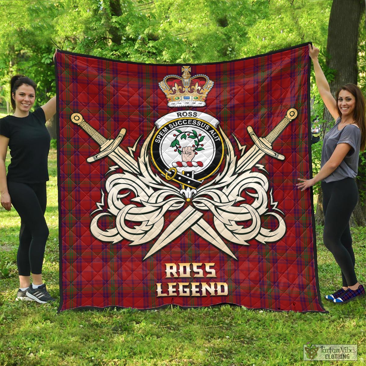 Tartan Vibes Clothing Ross Old Tartan Quilt with Clan Crest and the Golden Sword of Courageous Legacy