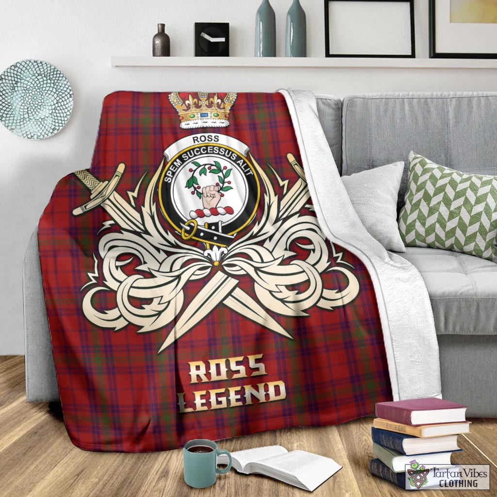 Tartan Vibes Clothing Ross Old Tartan Blanket with Clan Crest and the Golden Sword of Courageous Legacy