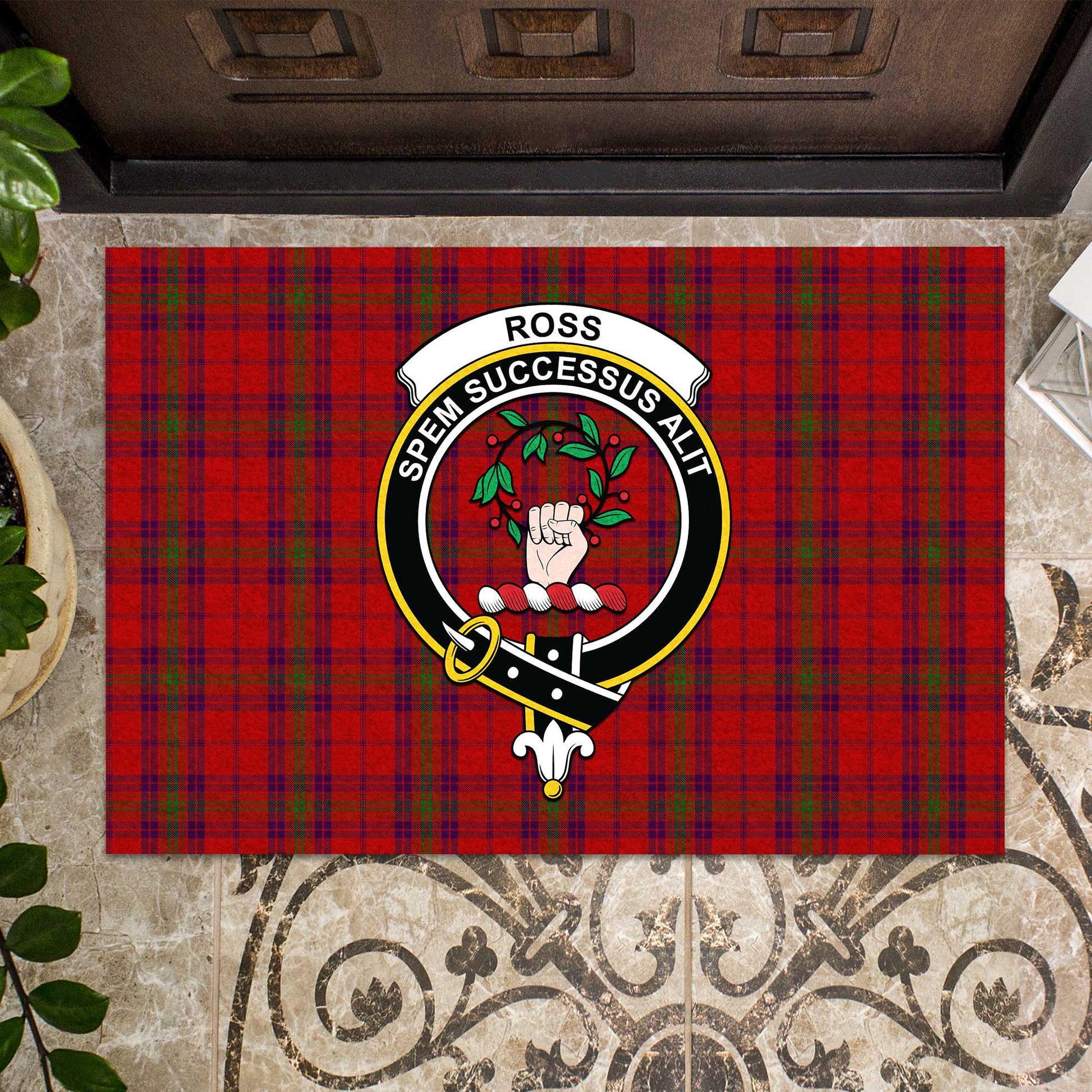 Ross Old Tartan Door Mat with Family Crest - Tartanvibesclothing Shop