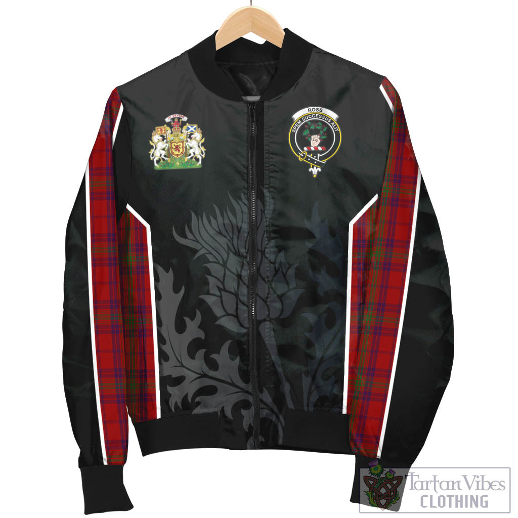 Tartan Vibes Clothing Ross Old Tartan Bomber Jacket with Family Crest and Scottish Thistle Vibes Sport Style