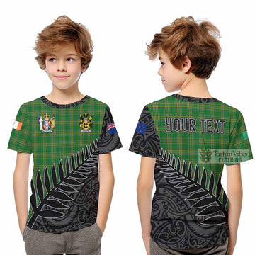 Rourke Irish Clan Tartan Kid T-Shirt with Coat of Arms New Zealand Silver Fern Half Style - Tartan Vibes Clothing